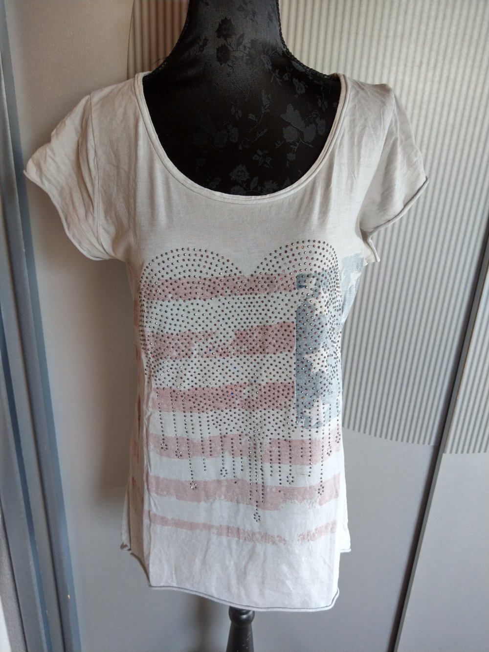 T-Shirt grau Herz Steinchen Amerika Made in Italy 
