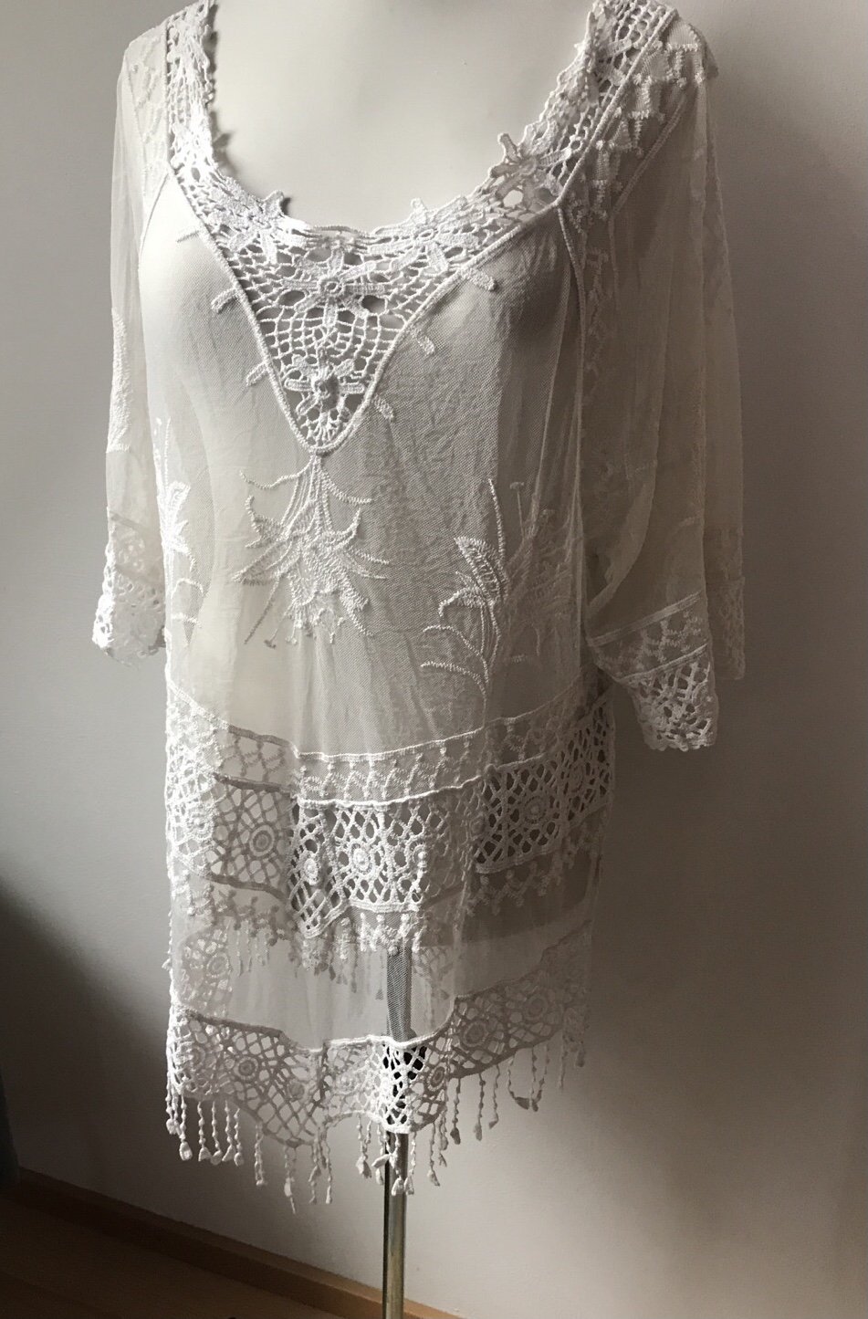 Tunika Kleid Mesh Makramee floral Kimono 44/46 Überwurf Boho Hippielook 