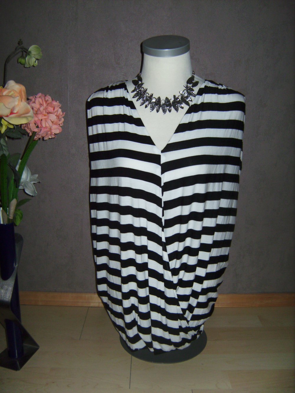 Shirt Oberteil, Wickeloptik, Blockstreifen L/XL, black and white, Figurschmeichler 40-44 Markenware 