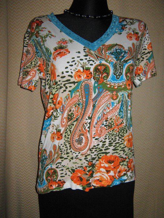 NEUw * Edel * stylisch * Original VINTAGE * Flower- Power * Rosen * Blüten * Romantik * Lace- Spitzen * DESIGNER * T- Shirt * Gr. 40- 42/ M * türkis * orange * bunt *