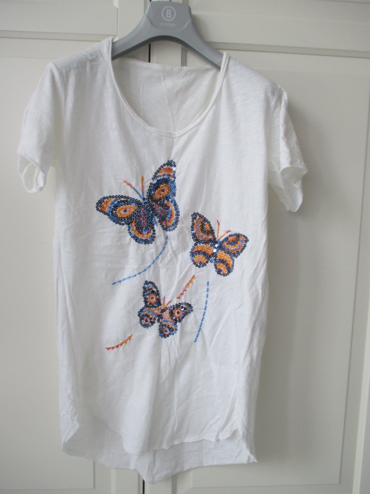 Made in Italy, weißes T- Shirt mit Paillettenschmetterlingen, Gr. S