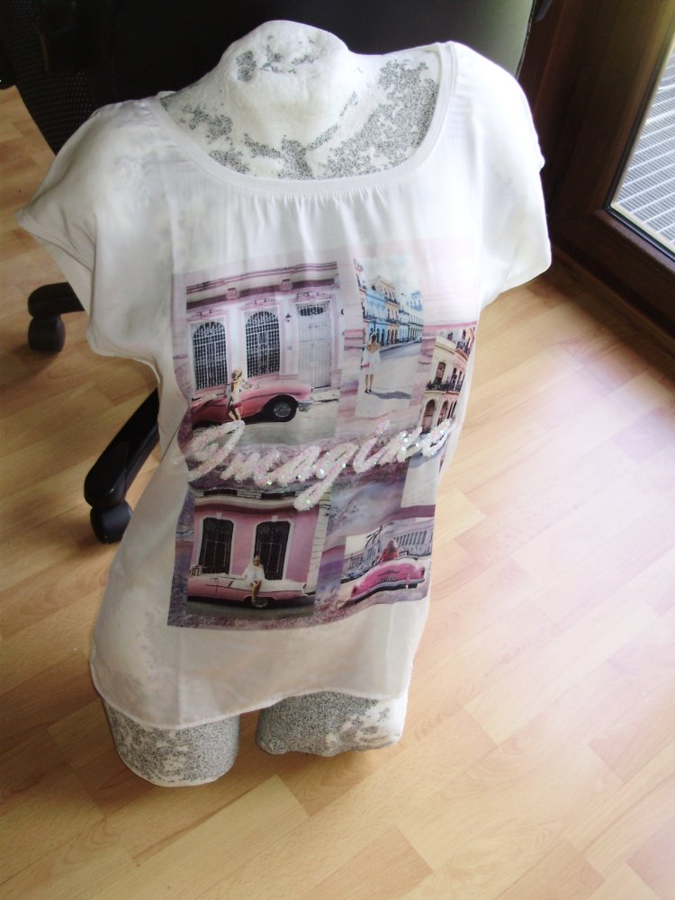 Key Largo Shirt creme/ bunt Paillettenschrift S