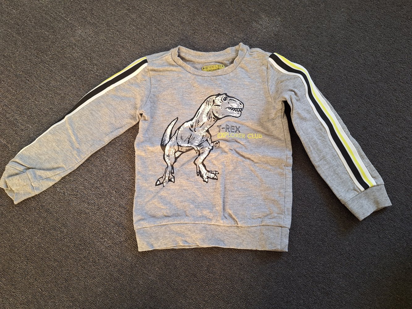 grauer Dinopullover Gr. 104 T-Rex