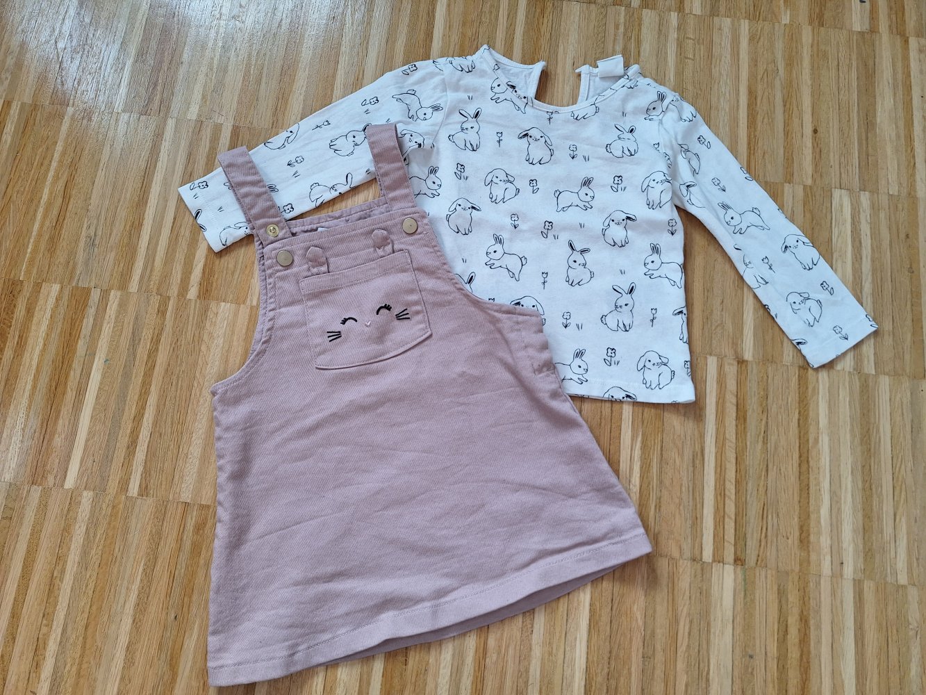 Niedliches Häschenset, 2-teilig: Pullovershirt und altrosa Kleidchen, Gr. 74 Osteroutfit