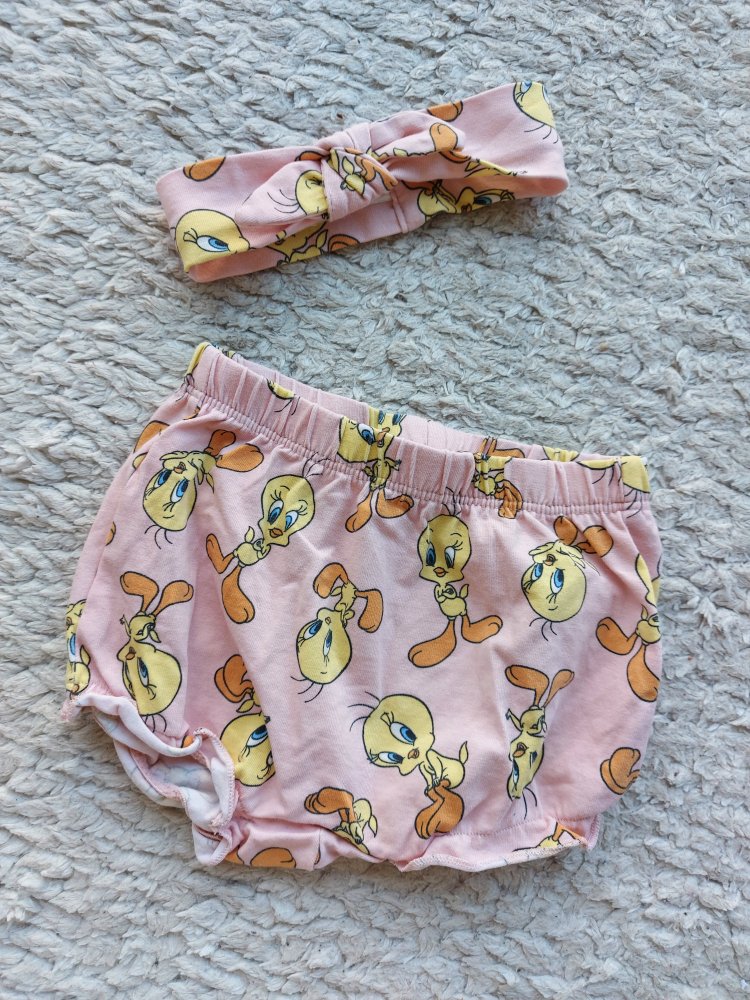 kurze rosa Tweetyhose mit Haarband / Haarschleife, Gr. 62