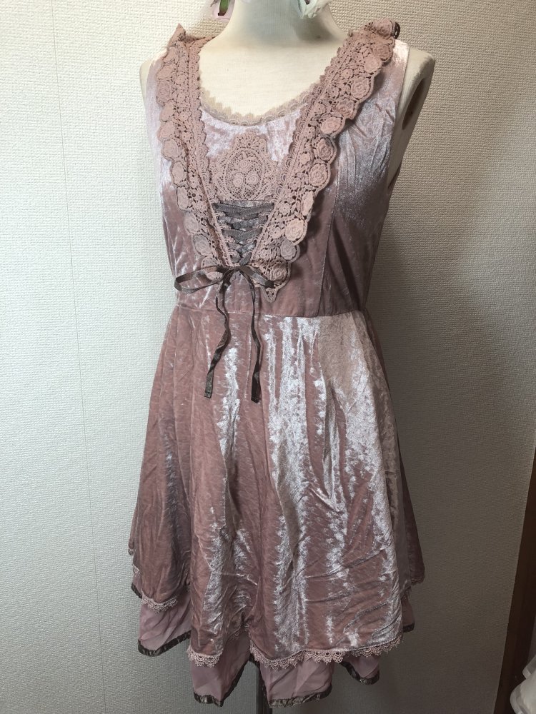 Axes Femme Hahnentritt Samt Kleid m. Spitze in altrosa, rosa, Rüschen, Japan, retro, süß 
