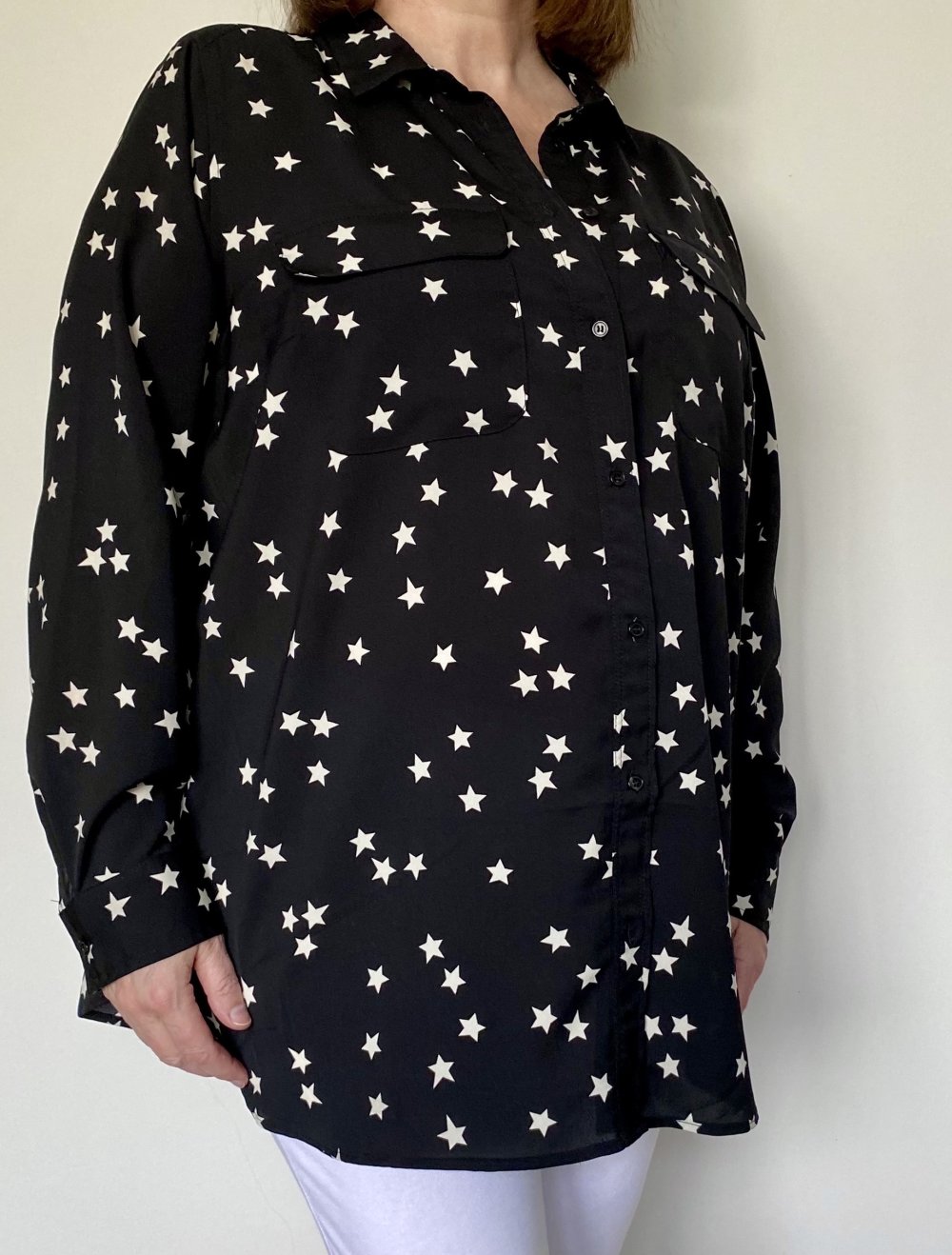 H&M, Bluse, schwarz/weiß, Sternmuster, Gr. XL